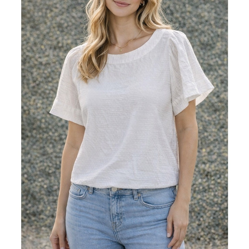Bobstore White Textured Flutter Sleeve Scoop Neck Blouse Top Size G Large